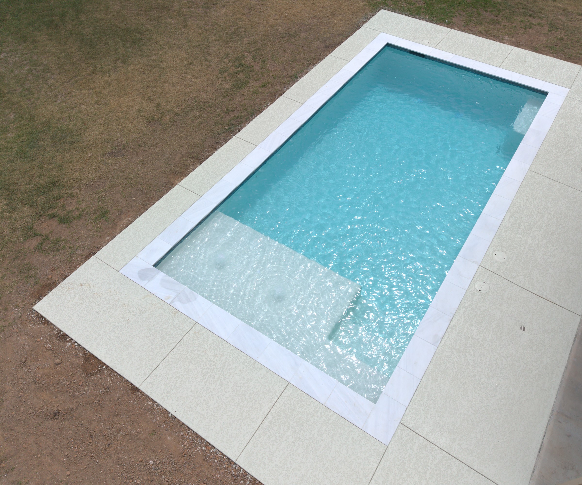 Aerial view of a rectangular pool with a tanning ledge built by Mango Pool & Spa in Katy, Texas